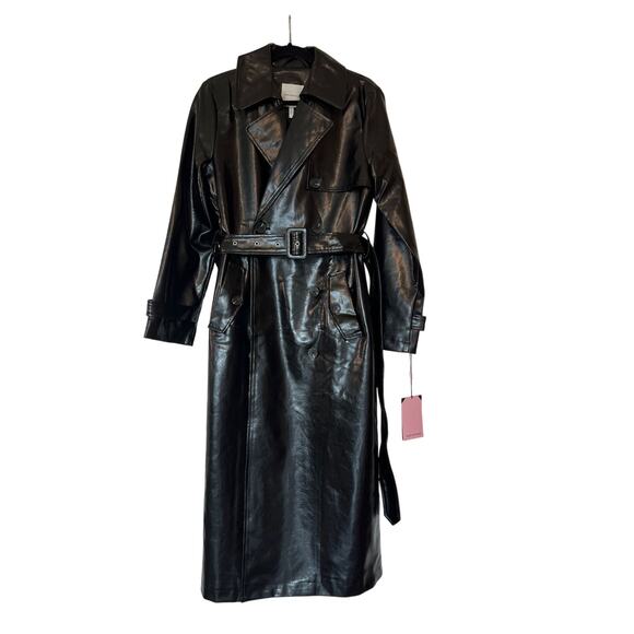 Chic "Avec Les Filles" Faux-Leather Trench Coat in Black - Picture 1 of 7